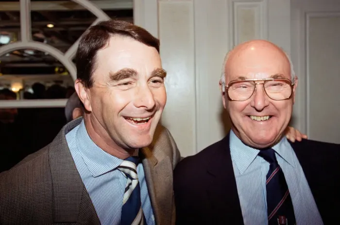 Framed Print : Motoracing driver Nigel Mansell with commentator Murray Walker at the Variety Club Awards