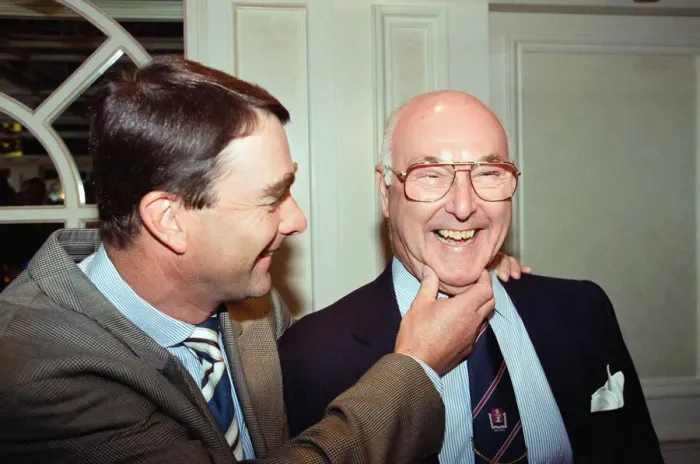 Framed Print : Motoracing driver Nigel Mansell with commentator Murray Walker at the Variety Club Awards