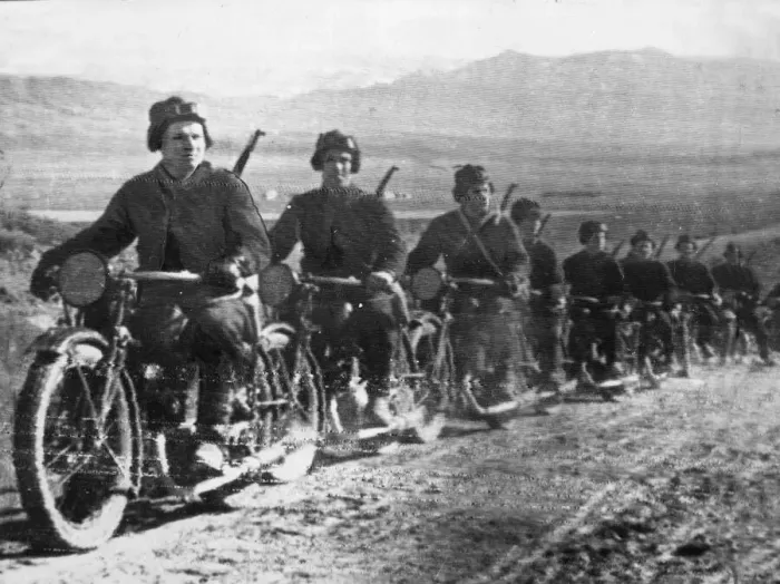 Framed Print : A motorcycle column of the Soviet Red Army on the march on the Southern Russia front as Framed Print : A motorcycle column of the Soviet Red Army on the march on the Southern Russia front as