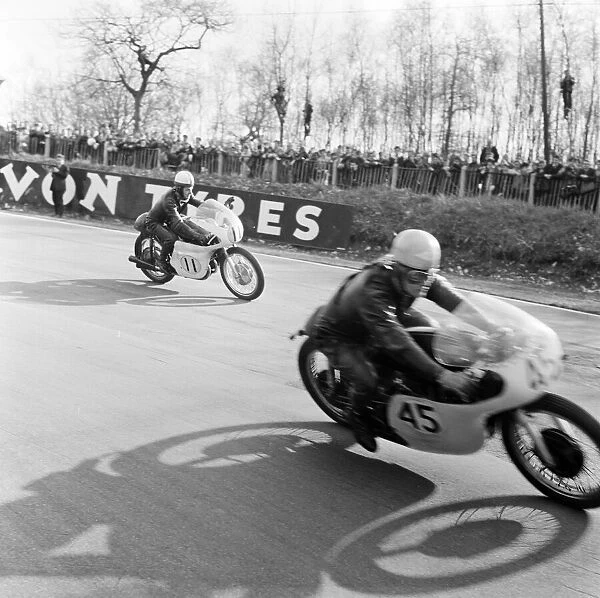 Motorcycle road racers competing in the 50cc Ultra-Lightweight Class at Brands Hatch