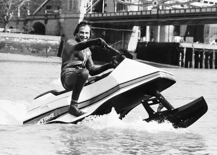 Framed Print : MotorCycles Rider Barry Sheene tried out a Wetbike on the Thames in London Framed Print : MotorCycles Rider Barry Sheene tried out a Wetbike on the Thames in London