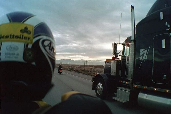 Back of a motorcyle view on the road to Las Vegas USA July 1999 Motorcycle Tour