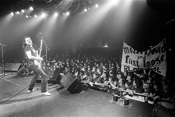 Motorhead concert at Queens Hall, Leeds. Lemmy on stage. 2nd April 1981