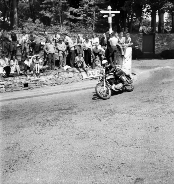 Framed Print : Motorsport. Isle of Man TT Races 1953 E. B. Crooks rounding Govenors Bridge in Framed Print : Motorsport. Isle of Man TT Races 1953 E. B. Crooks rounding Govenors Bridge in