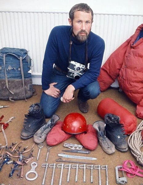 Mountaineer Chris Bonington surrounded by some of the equipment he will take on his next