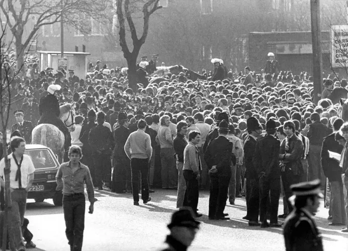 Framed Print : Mounted police in motor cycle helmets control the fans at Sunderland before the local Framed Print : Mounted police in motor cycle helmets control the fans at Sunderland before the local