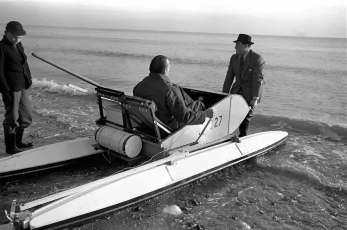 Framed Print : Mr. Du - Preaine setting out on crop channel trip in pedal boat. January 1953 D437-003 Framed Print : Mr. Du - Preaine setting out on crop channel trip in pedal boat. January 1953 D437-003