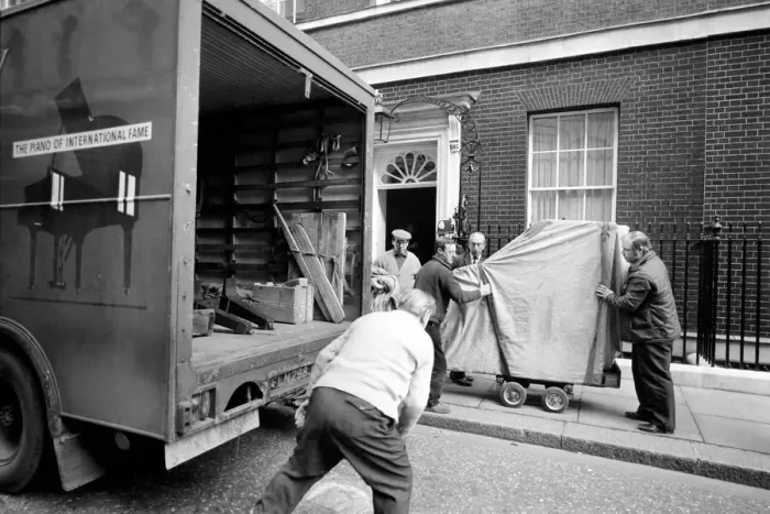 Framed Print : Mr. Edward Heaths baby grand piano is removed from No. 10 Downing Street. After Mr