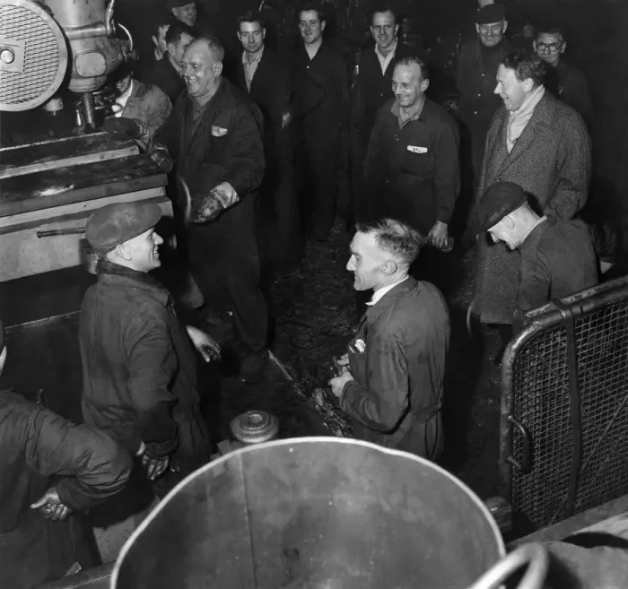 Framed Print : Mr Gaitskell meets the steel men. Mr. Gaitskell joins a group on the shop floor Framed Print : Mr Gaitskell meets the steel men. Mr. Gaitskell joins a group on the shop floor
