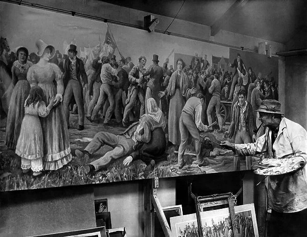 Mr. H. Sherwood Edwards working on a section of his Peterloo mural which is to be hung in