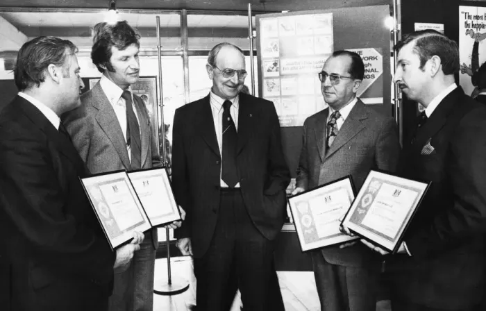 Framed Print : Mr Jack Jones (centre) after he had presented National Savings awards to the four Framed Print : Mr Jack Jones (centre) after he had presented National Savings awards to the four