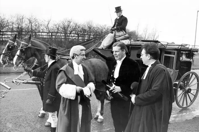 Framed Print : Mr. Justice Smith, Mr. Paul Nicholson and Canon Alan Chesters with a coach Framed Print : Mr. Justice Smith, Mr. Paul Nicholson and Canon Alan Chesters with a coach