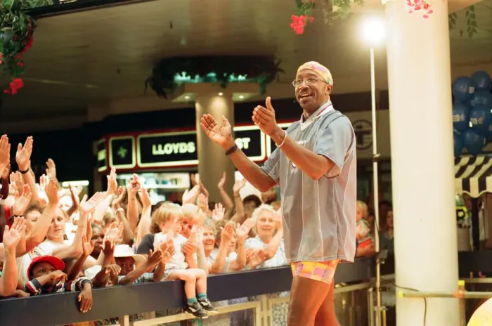 Framed Print : Mr Motivator aka Derrick Evans at Broad Street Mall, Reading. 25th June 1996 Framed Print : Mr Motivator aka Derrick Evans at Broad Street Mall, Reading. 25th June 1996