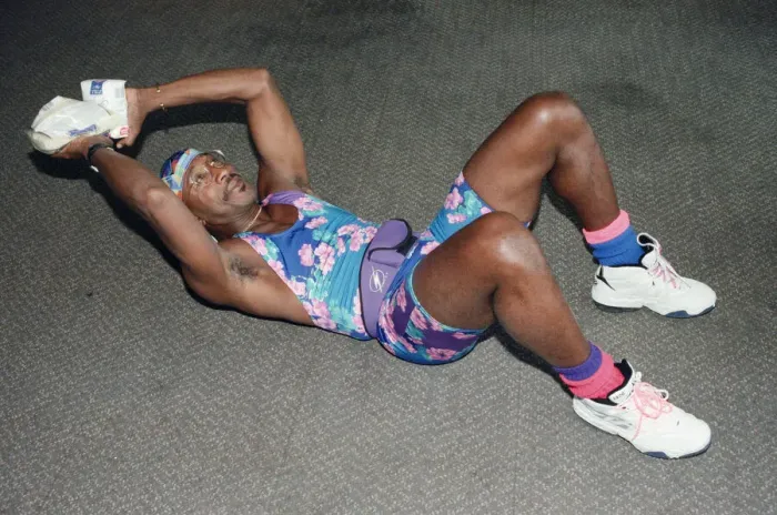 Framed Print : Mr Motivator Derek Evans performing floor exercises. 9th September 1996