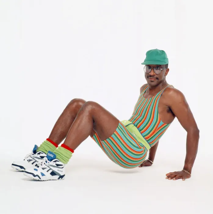 Framed Print : Mr Motivator Derek Evans performing floor exercises. 3rd September 1993 Framed Print : Mr Motivator Derek Evans performing floor exercises. 3rd September 1993