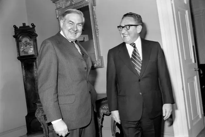 Framed Print : Mr. and Mrs. Callaghan. Mr. N. Wilson and Dr. Kissinger. February 1975 75-00939-001 Framed Print : Mr. and Mrs. Callaghan. Mr. N. Wilson and Dr. Kissinger. February 1975 75-00939-001