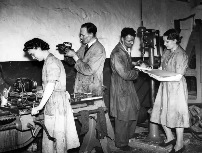Framed Print : Mr and Mrs Lambert, Mr and Mrs Fraser, engineering shop, Stockport. 23rd June 1941 Framed Print : Mr and Mrs Lambert, Mr and Mrs Fraser, engineering shop, Stockport. 23rd June 1941