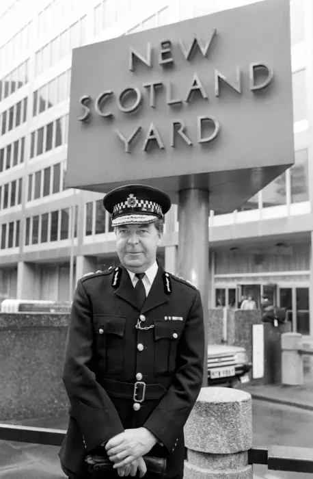 Framed Print : Mr. Peter Imbert Metropolitan Police Commissioner, seen here standing outside New