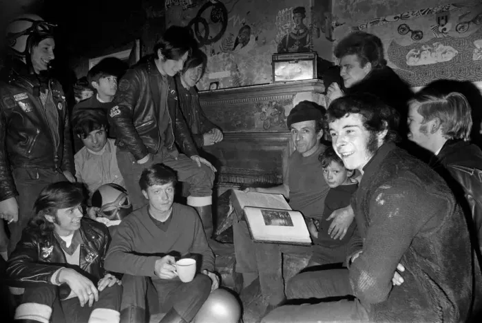 Framed Print : Mr. Ted Wood of Birch, near Manchester reads the Bible to Hell Angels Club during a Framed Print : Mr. Ted Wood of Birch, near Manchester reads the Bible to Hell Angels Club during a