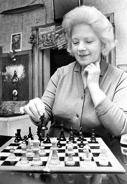 Mrs. Connor of The Black Horse Inn, Barlow, County Durham with the chess set that is very