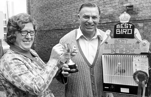 Mrs Edna Stott, wife of the Bird show manager, presenting Mr Jack Hall with his trophy