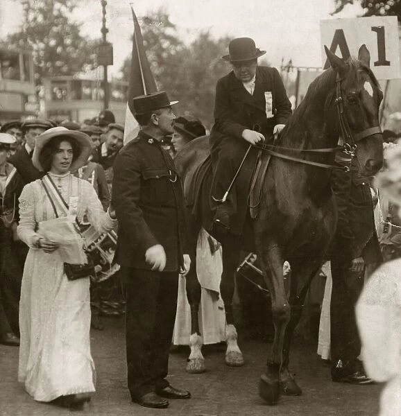 Mrs Flora Drummond Suffragette riding on horseback June 1910 leads a procession