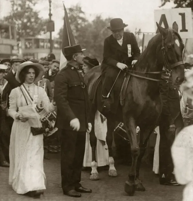 Framed Print : Mrs Flora Drummond Suffragette riding on horseback June 1910 leads a procession