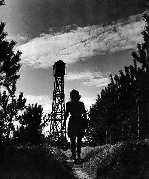 Mrs. Joyce Vaux leaves her fire tower after her spell of duty. It has just turned 9 pm