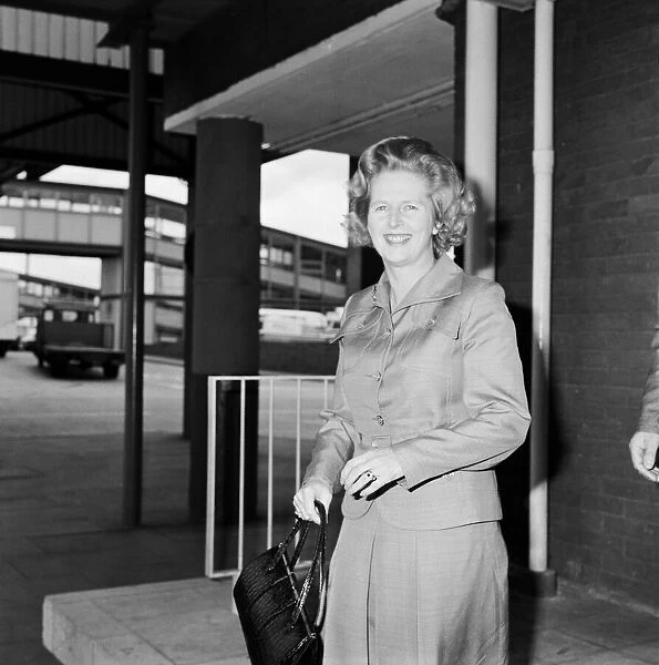 Mrs Margaret Thatcher, leader of the Conservative Party, arrives at Heathrow Airport