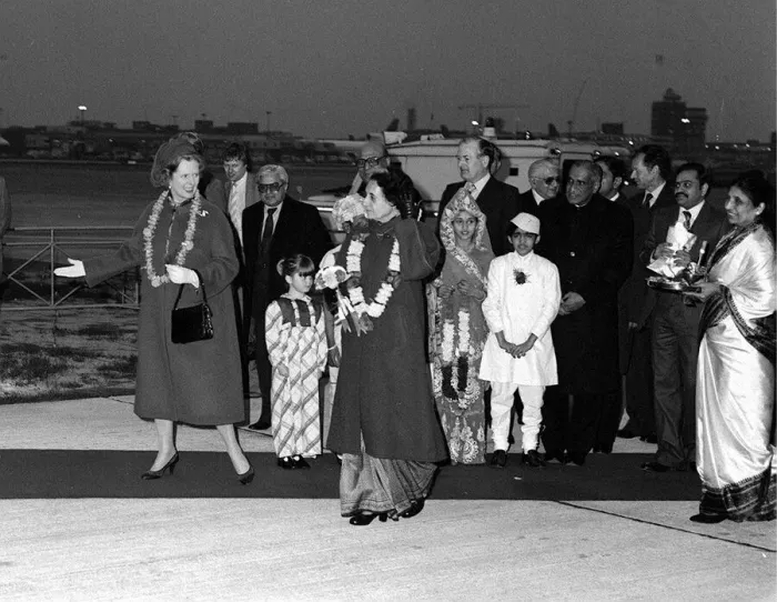 Framed Print : Mrs Margaret Thatcher at London Airport March 1982 With Mrs. Gandhi