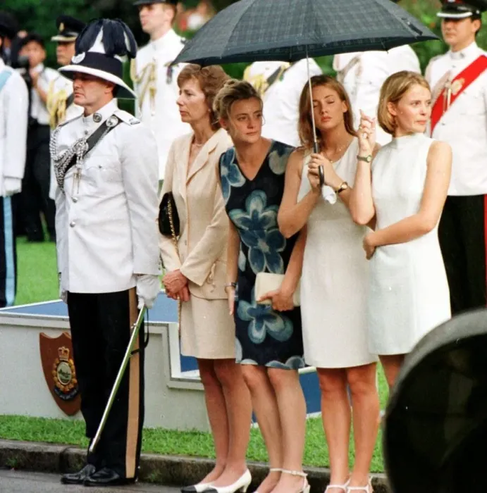 Framed Print : Mrs Patten and daughters at Government house June 1997 As Governor Chris Patten leaves