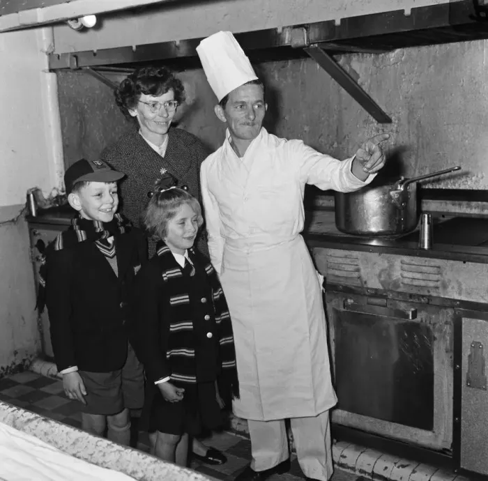Framed Print : Mrs Sterry and her two children visit Mr Sterry, who works as an assistant crew cook Framed Print : Mrs Sterry and her two children visit Mr Sterry, who works as an assistant crew cook