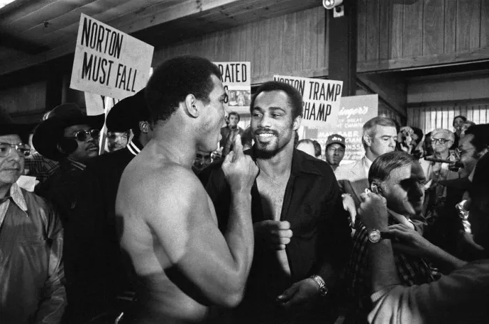 Framed Print : Muhammad Ali and his entourage try to wind up Ken Norton ahead of their third fight in