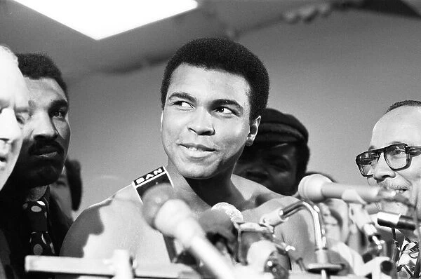 Muhammad Ali at a pre-fight press conference for his rematch with Joe Frazier