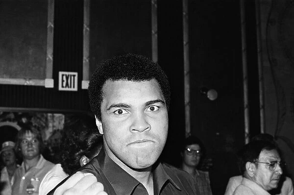 Muhammad Ali at pre fight press conference for his upcoming fight with Larry Holmes