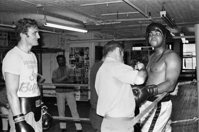 Framed Print : Muhammad Ali (right) getting ready to spar with a young Joe Bugner at a gym in New York Framed Print : Muhammad Ali (right) getting ready to spar with a young Joe Bugner at a gym in New York