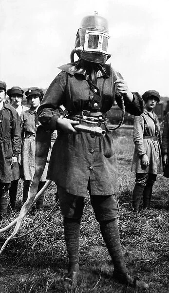 Munition Girls Fire Brigade in regulation uniform during World War One. Circa 1916