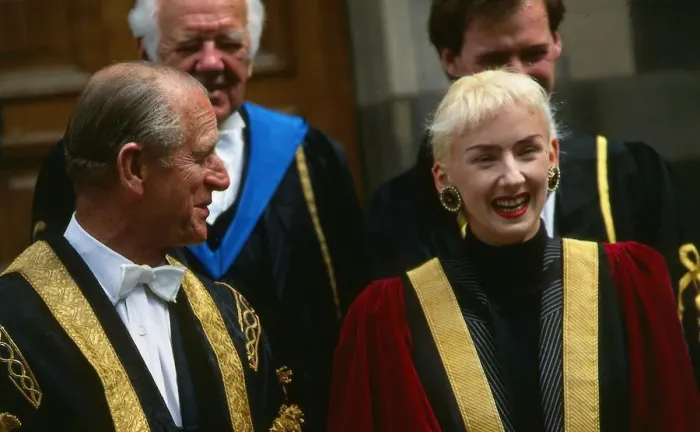 Framed Print : Muriel Gray TV presenter June 1988 with Prince Philip, Duke of Edinburgh