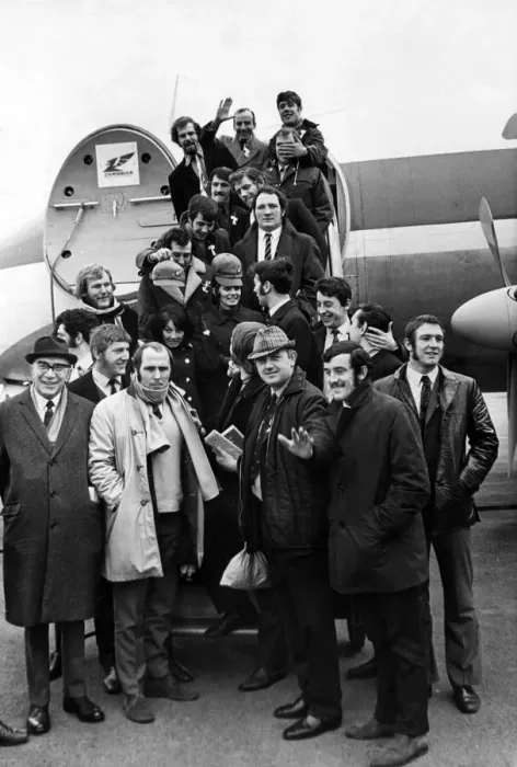 Framed Print : Murrayfield here we come. The Wales team and officials board their aircraft at Glamorgan Framed Print : Murrayfield here we come. The Wales team and officials board their aircraft at Glamorgan