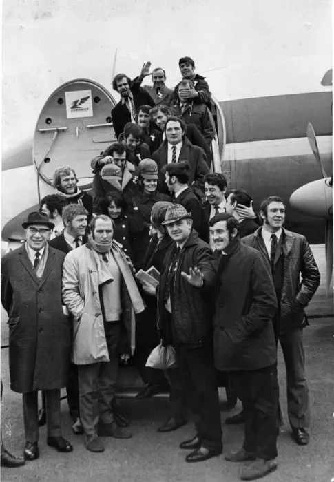 Framed Print : Murryfield here we come... The Wales team and officials board the aircraft at Rhoose