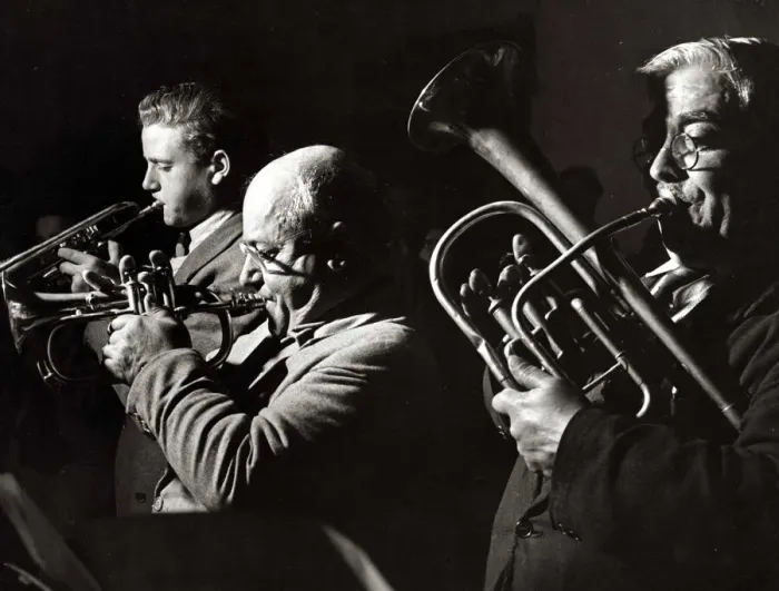 Framed Print : musicians, brass instruments - trumpet - tuba - brass band circa 1950 Framed Print : musicians, brass instruments - trumpet - tuba - brass band circa 1950