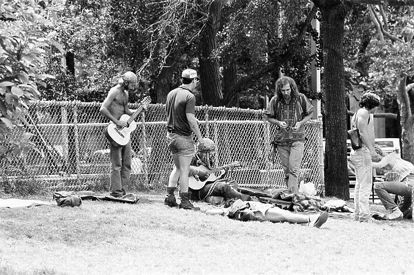 Musicians jamming in the park, New York, USA, June 1984