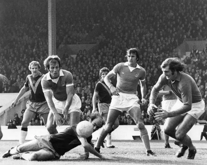 Framed Print : A narrow escape for Manchester City as keeper Joe Corrigan comes out of goal to foil Framed Print : A narrow escape for Manchester City as keeper Joe Corrigan comes out of goal to foil