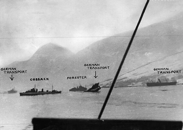Narvik Harbour. Cossack and Forester (left, centre) and German transports sunk during