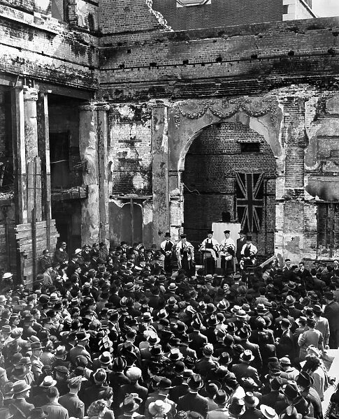 A National Jewish Service being held at the ruined Great Synagogue, Aldgate