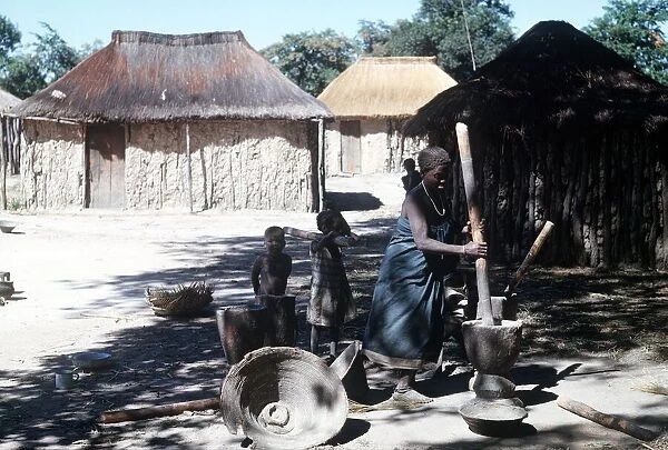 native woman pounding manioc in luando at the game reserve in central Angola
