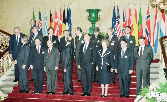 Framed Print : NATO meeting held a Lancaster House, London. Front row L-R Poul Schluter (Denmark) Framed Print : NATO meeting held a Lancaster House, London. Front row L-R Poul Schluter (Denmark)