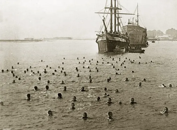 Framed Print : Naval cadets taking a swim around the Training ship Mercury a former Royal Navy ship of Framed Print : Naval cadets taking a swim around the Training ship Mercury a former Royal Navy ship of