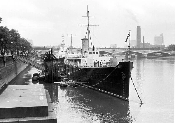 Naval reserve training ship HMS President on The River Thames at Embankment. 1963