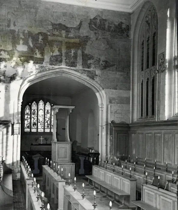 Framed Print : The nave at Stratford Guild Chapel in its restored state with oak benches running Framed Print : The nave at Stratford Guild Chapel in its restored state with oak benches running